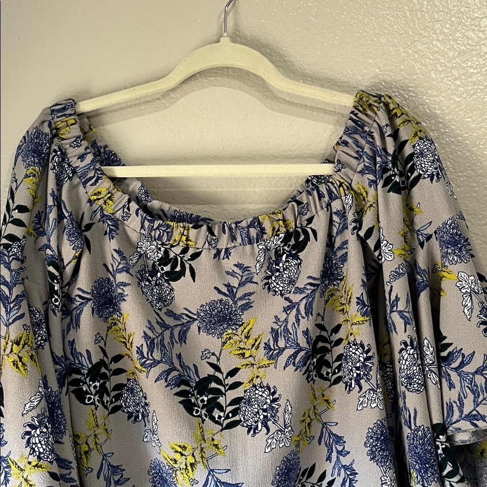 LOB Floral Gray Blue Yellow Off-Shoulder Mini Dress Sz 3 Vacay Beach TC0312 - Picture 7 of 7